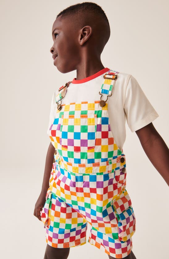 Shop Little Bird Kids' Checkerboard Short Overalls & T-shirt Set In White Rainbow