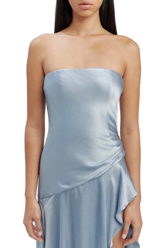 Shop Bardot Lorenza Strapless Asymmetric Hem Satin Cocktail Dress In Dusty Blue