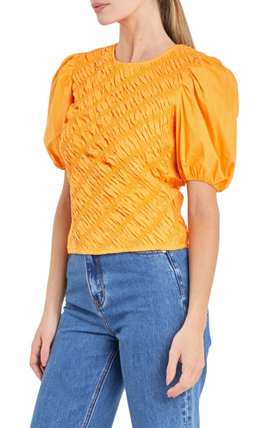 Shop English Factory Asymmetric Shirred Puff Sleeve Top In Orange