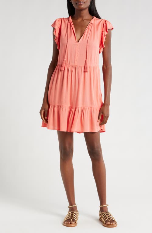 Split Neck Ruffle Sleeve Cover-Up Dress in Coral