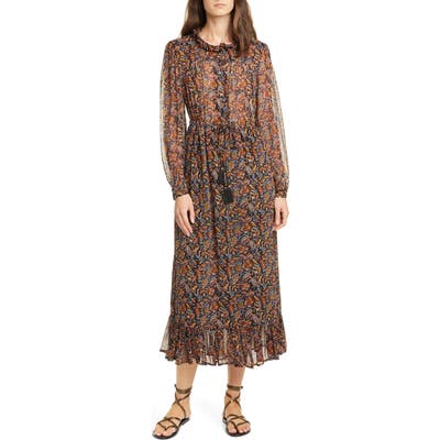 Sea Nicolette Floral Long Sleeve Midi Dress, Brown
