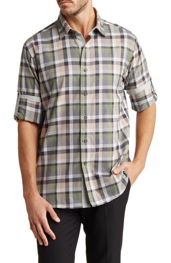 Shop Lorenzo Uomo Check Print Trim Fit Long Sleeve Cotton Flannel Button-up Shirt In Tan/hunter