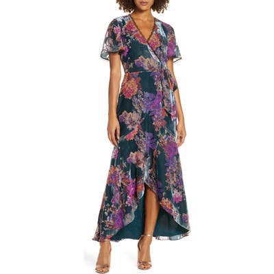 Harlyn Burnout Velvet Wrap Maxi Dress, Blue