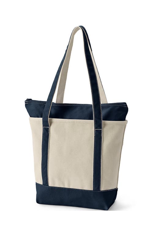 Lands' End Zip Top Long Handle Canvas Tote Bag In Natural/radiant Navy