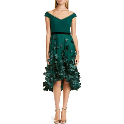 Marchesa Notte Floral Applique High/low Cocktail Dress, Green