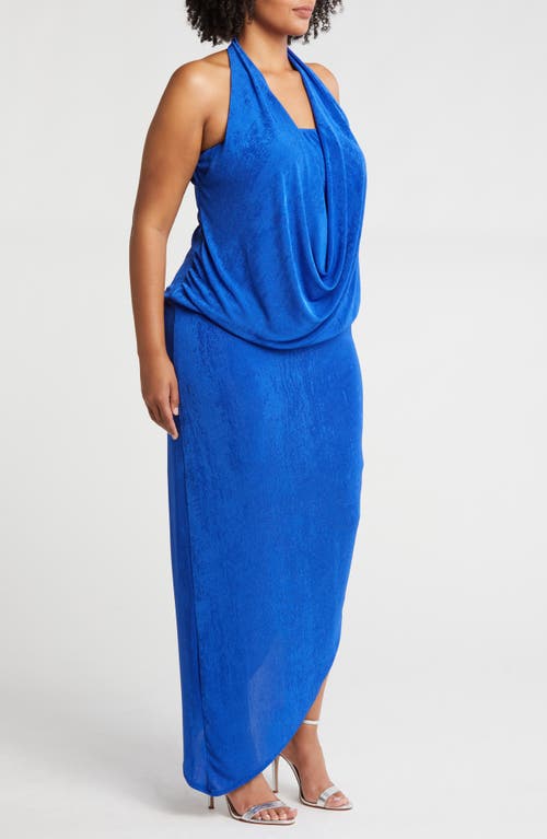 24seven Comfort Apparel Cowl Neck Asymmetric Hem Stretch Dress In Blue