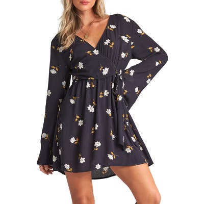 Billabong Side Out Floral Long Sleeve Wrap Dress, Black