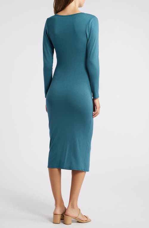 Shop Loveappella Long Sleeve Faux Wrap Midi Dress In Dark Teal