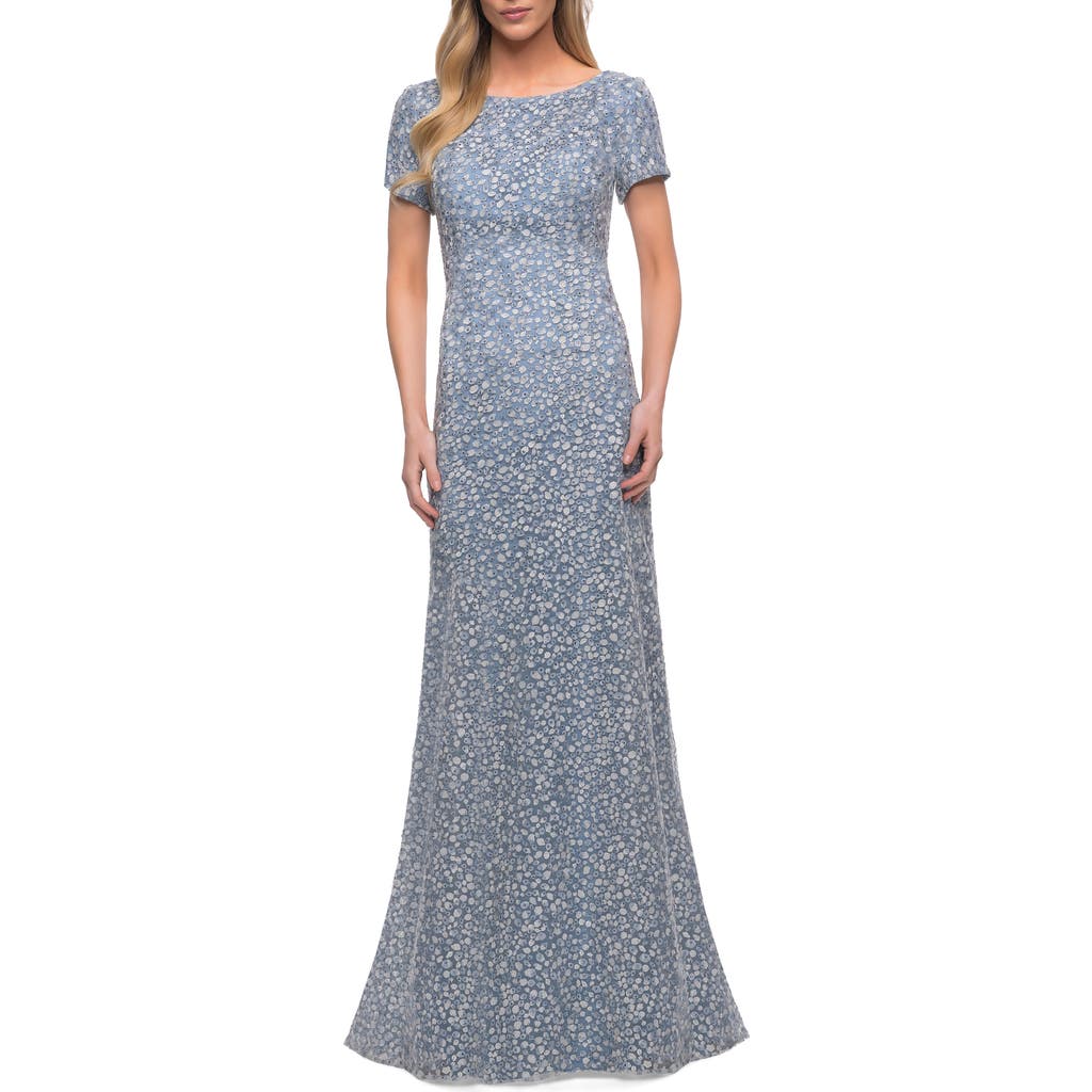 La Femme Long Print Lace Dress In Steel Blue