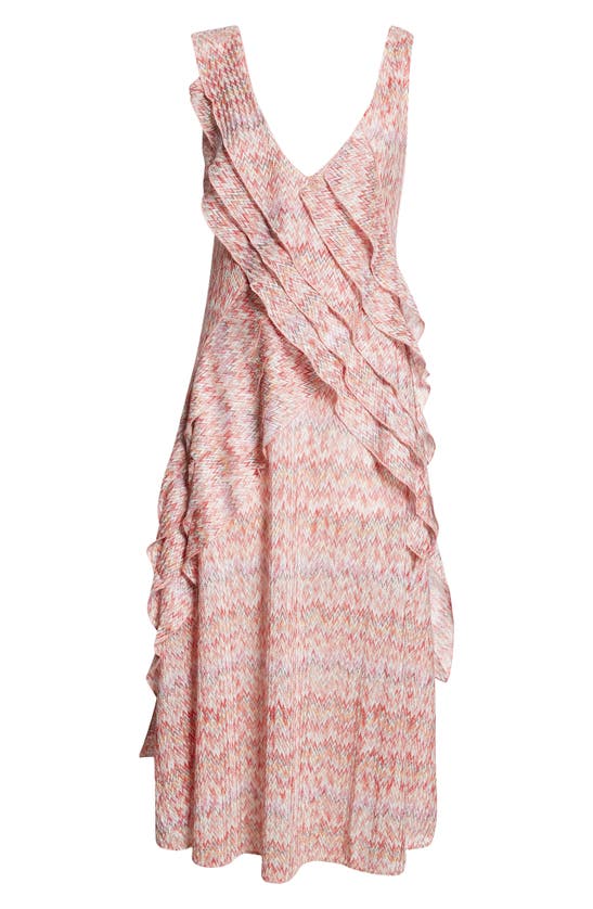 Shop Missoni Metallic Chevron Stripe Ruffle Sleeveless Midi Dress In Pink Multi