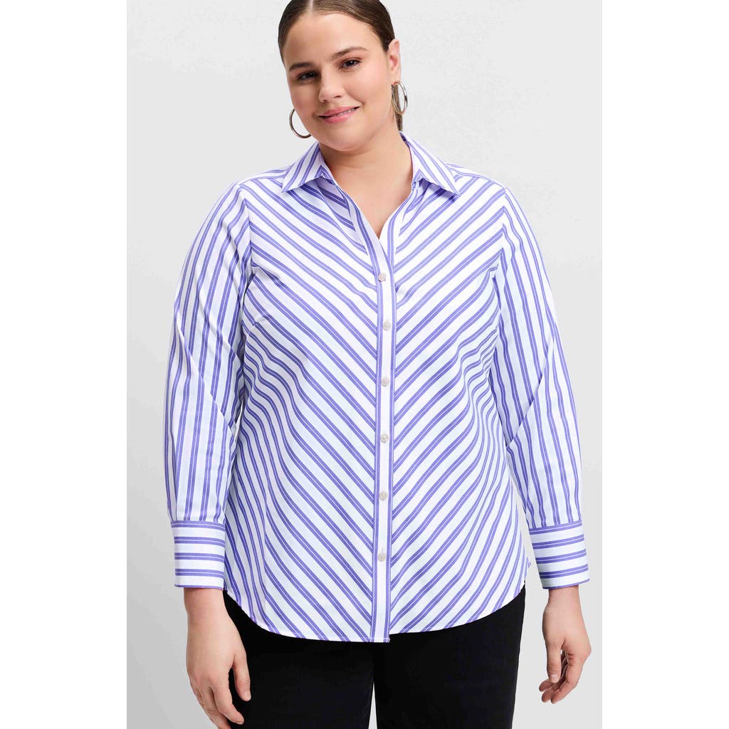 Foxcroft Mary Stripe Cotton Blend Button-up Shirt In Lapis/white
