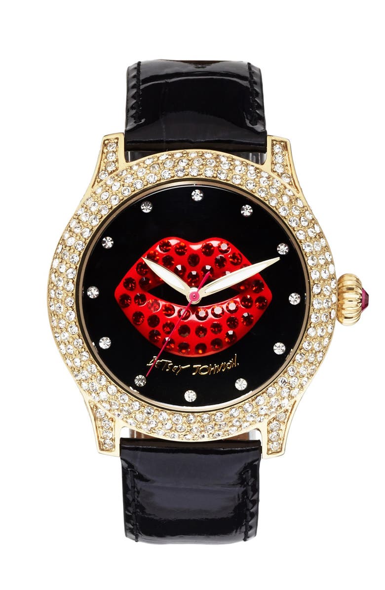 Betsey Johnson Red Lip Dial Patent Leather Strap Watch, 41mm | Nordstrom