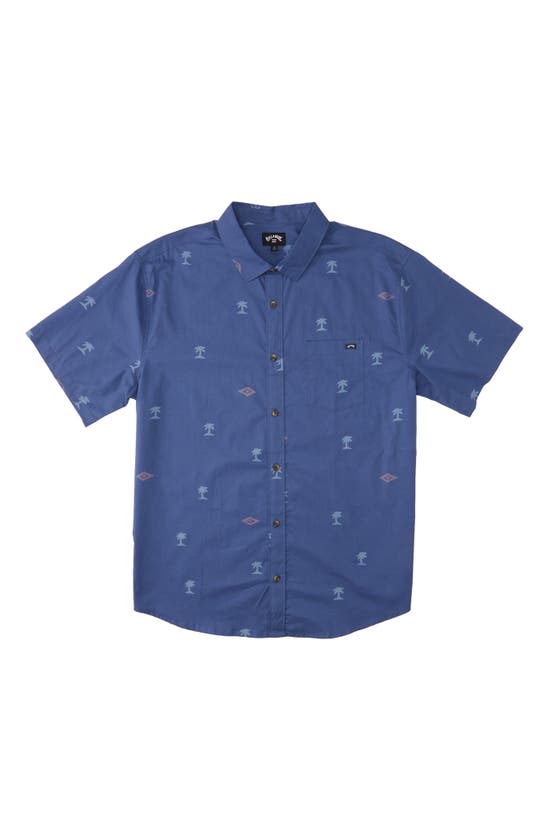 Billabong Sundays Mini Print Short Sleeve Cotton Button-up Shirt In Dusty Blue