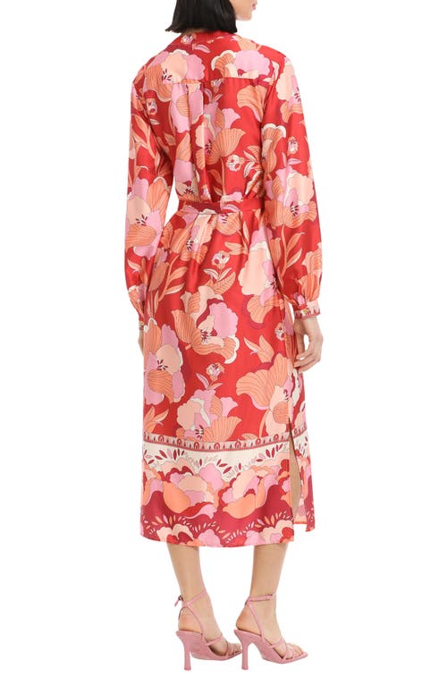 Shop Donna Morgan For Maggy Floral Print Long Sleeve Belted Midi Shirtdress In Brick Red/apricot