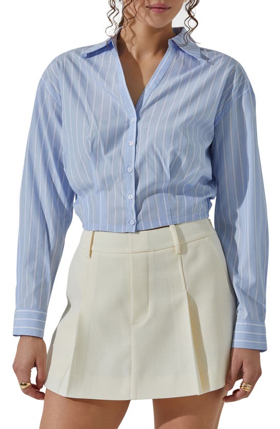 Astr Pinstripe Cotton Crop Button-up Shirt In Light Blue Stripe