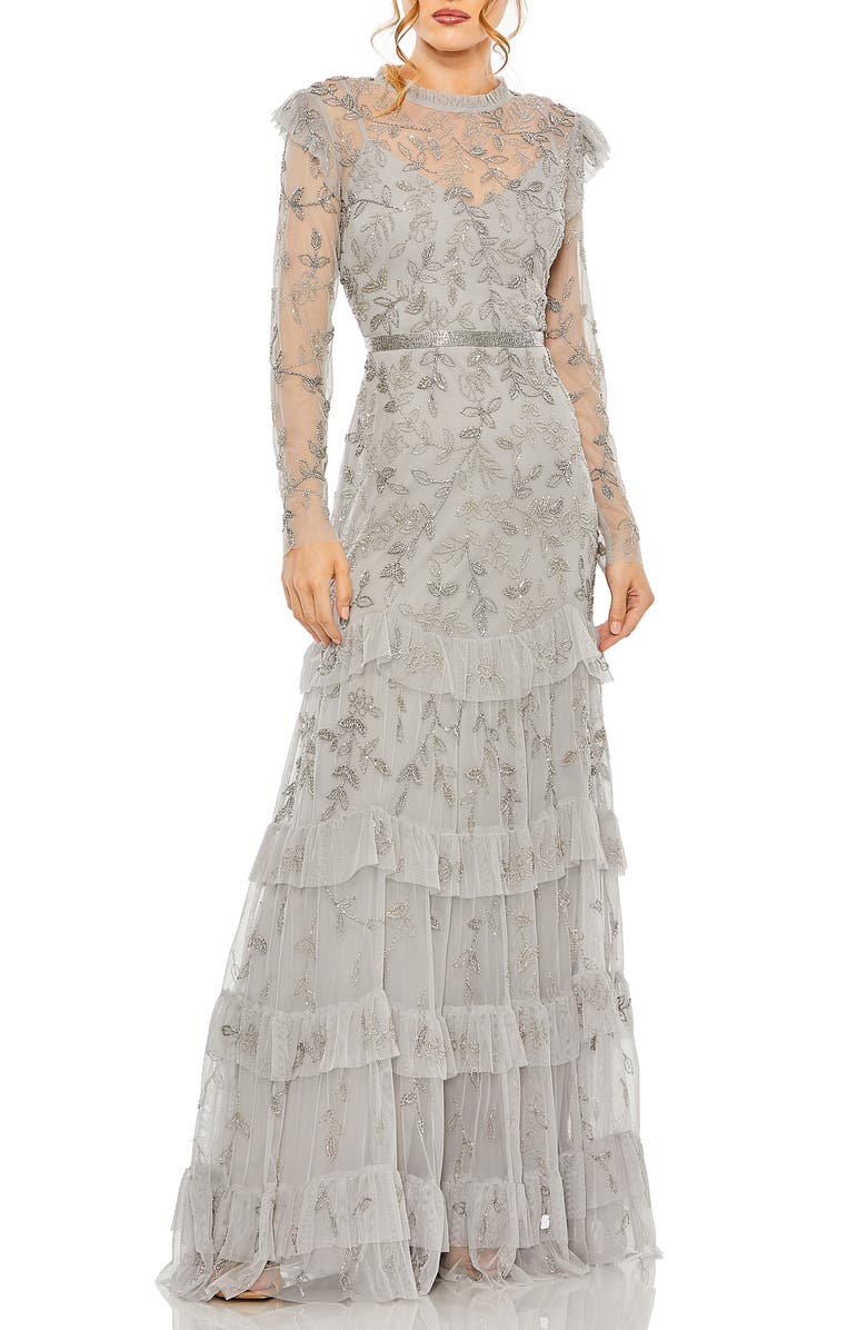 Mac Duggal Floral Beaded Appliqué Long Sleeve Tiered Gown | Nordstrom