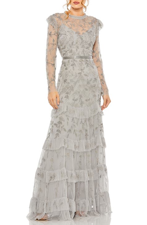 Floral Beaded Appliqué Long Sleeve Tiered Gown