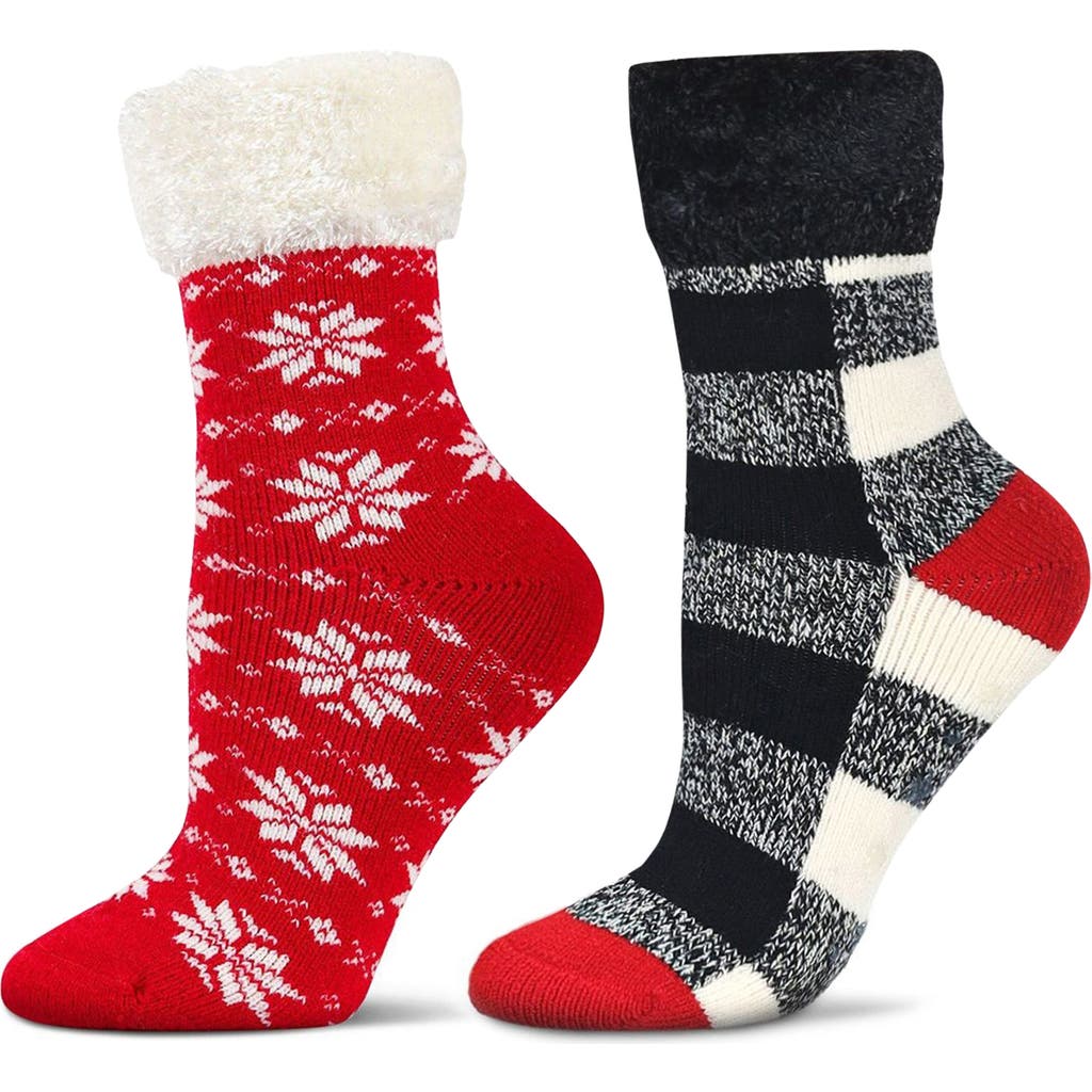 MeMoi Assorted 2-Pack Faux Fur Trim Nonslip Crew Socks in Black-Red
