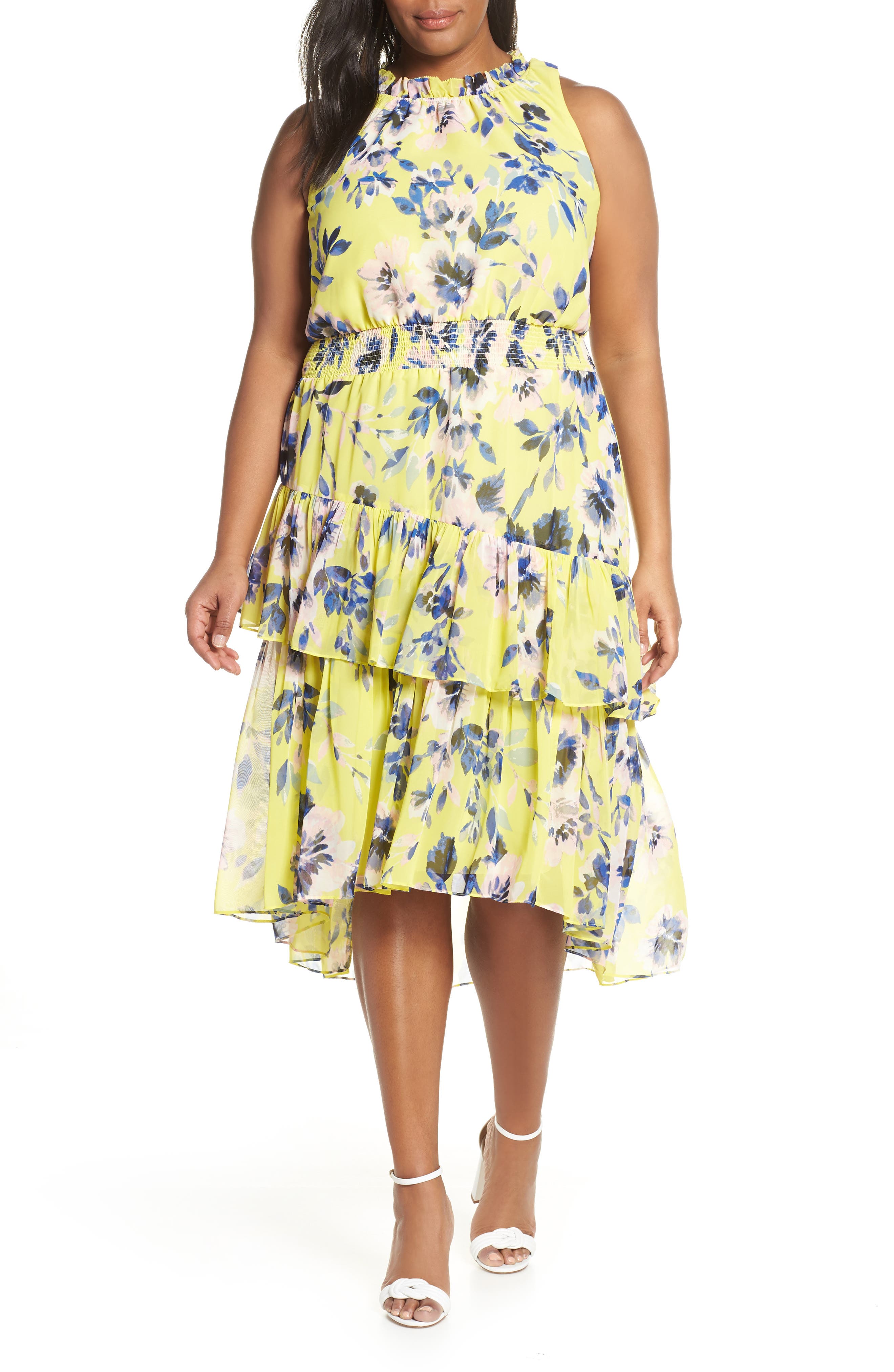 Plus Size Eliza J Floral Asymmetrical Tiered Dress, Yellow