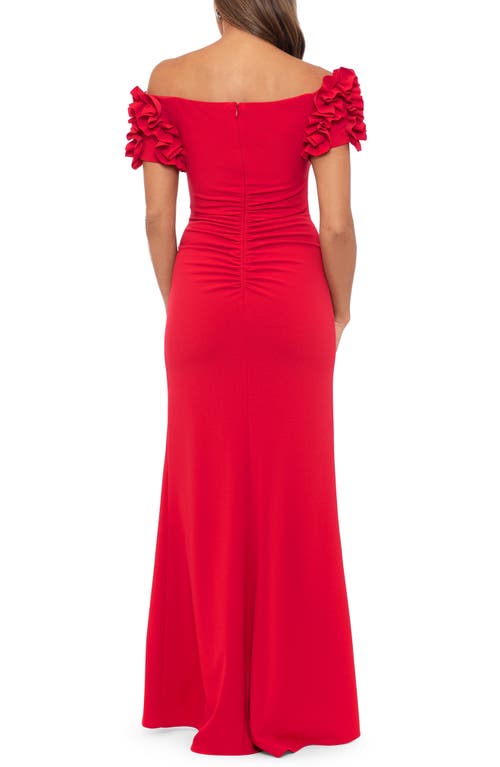 Xscape Evenings Ruffle Off The Shoulder Scuba Crepe Gown In Red