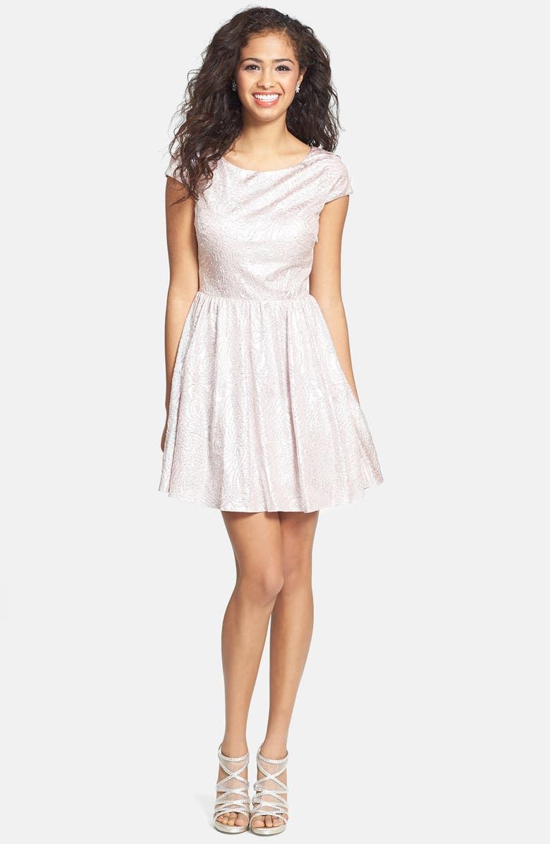HAILEY LOGAN Back Cutout Metallic Skater Dress, Main, color, 020