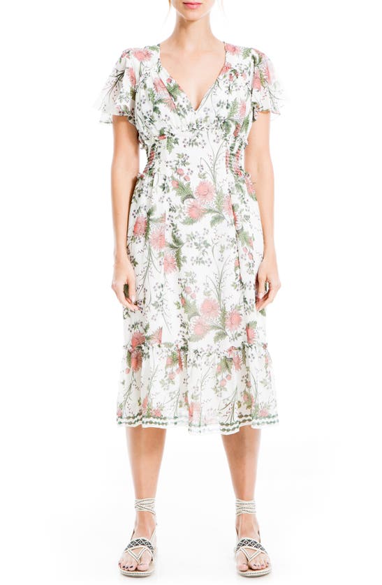 Maxstudio Printed Ruffle Short Sleeve Dress In Coral/ Sage Floral Bloom