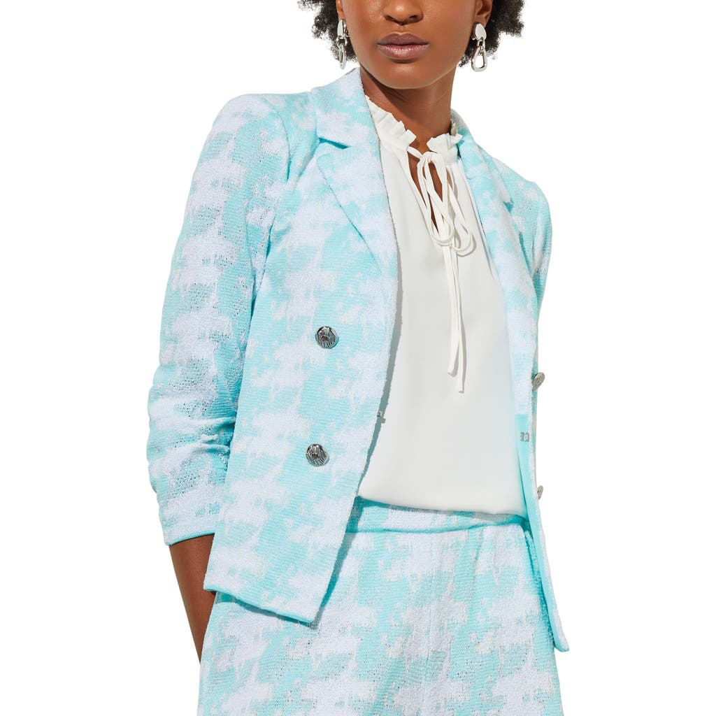 Ming Wang Houndstooth Knit Blazer In Oceanfront/white