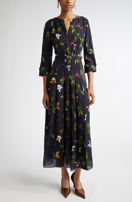 Shop Oscar De La Renta Orchid Print Chiffon Inset Cady Dress In Navy Multi