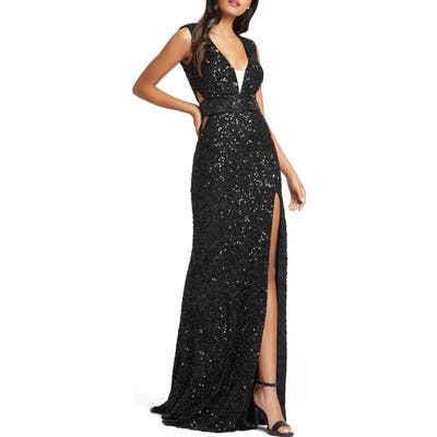 MAC Duggal Side Cutout Sequin Gown, Black