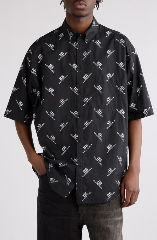 Shop Balenciaga Bb Monogram Oversize Short Sleeve Cotton Button-down Shirt In 1070 Black/white