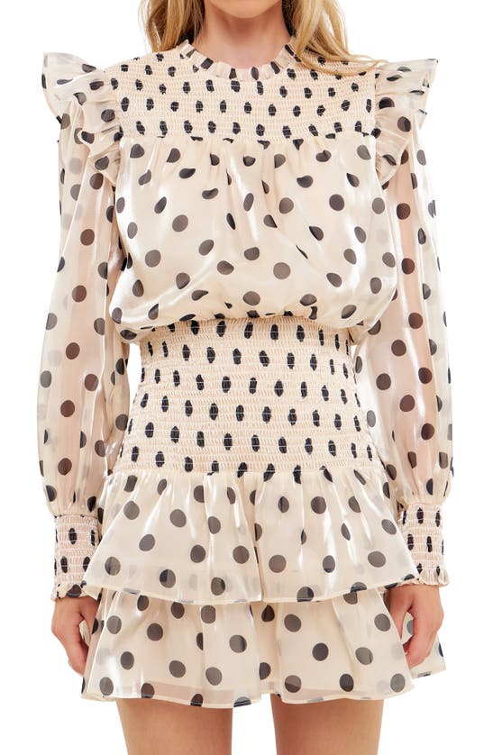 English Factory Polka Dot Tiered Long Sleeve Organza Minidress In Beige/ Black