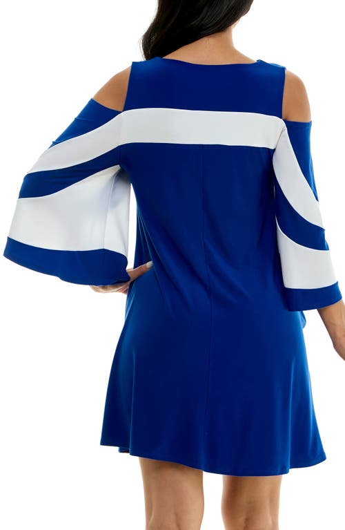 Shop Nina Leonard Ity Stripe Cold Shoulder Dress In Deep Sea/ivory