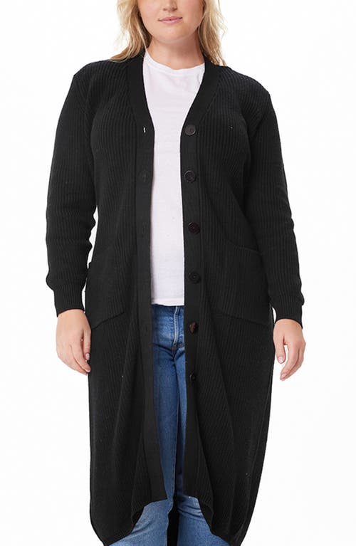 Belted Longline Rib Cotton & Cashmere Cardigan in Black