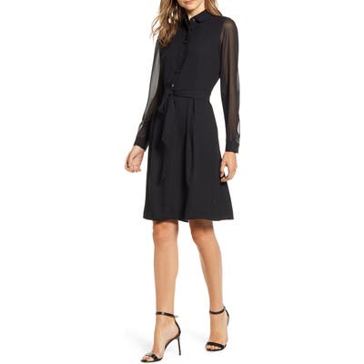 Anne Klein Long Sleeve Chiffon & Crepe Shirtdress, Black