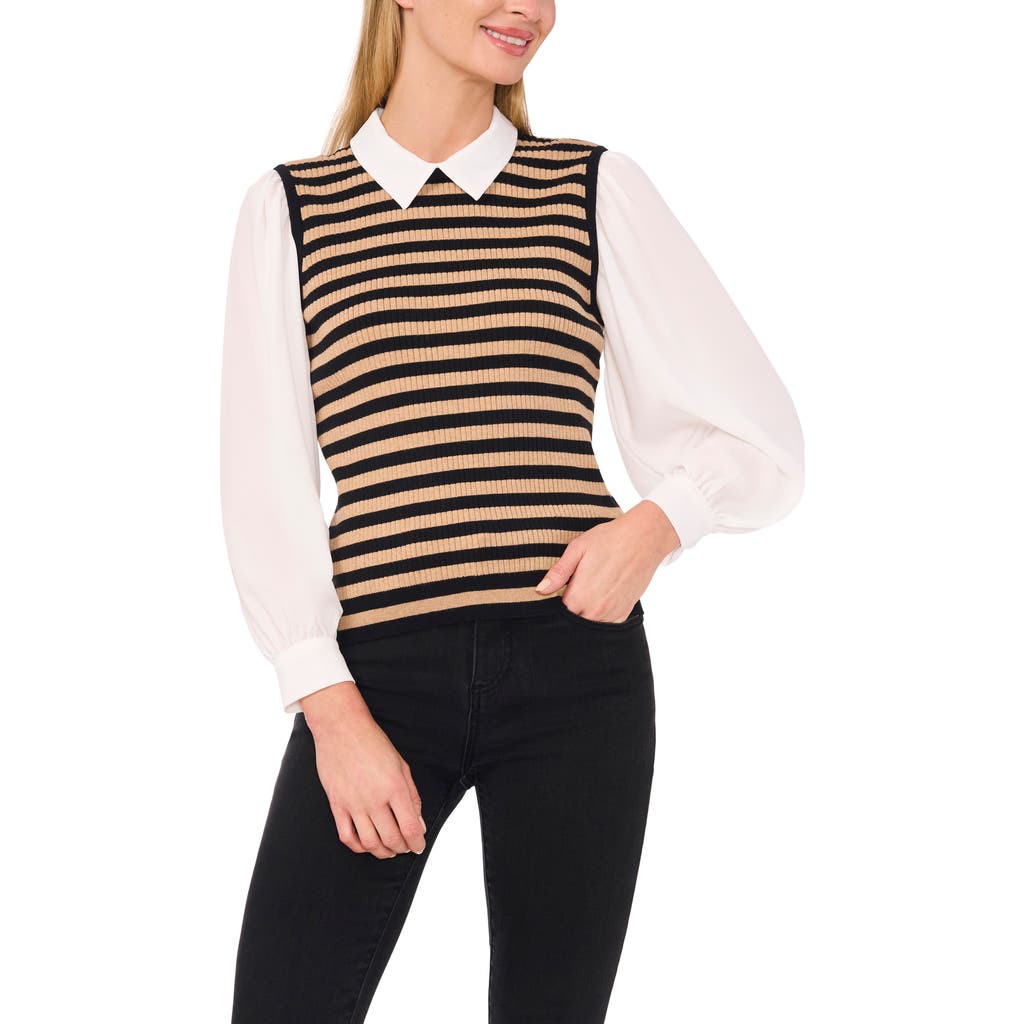 Cece Stripe Mixed Media Sweater Top In Rich Black