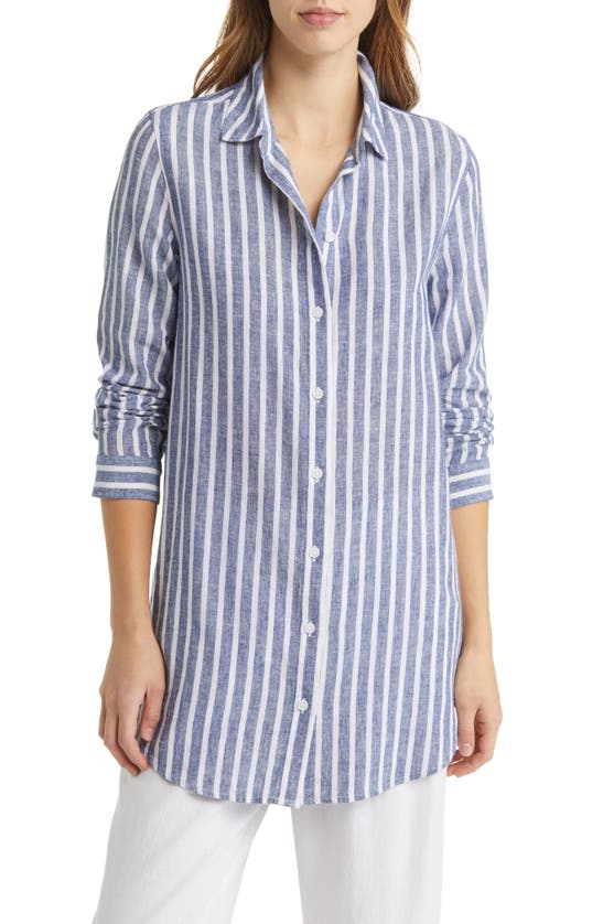 Beachlunchlounge Rory Stripe Linen & Cotton Button-up Tunic Top In French Blue