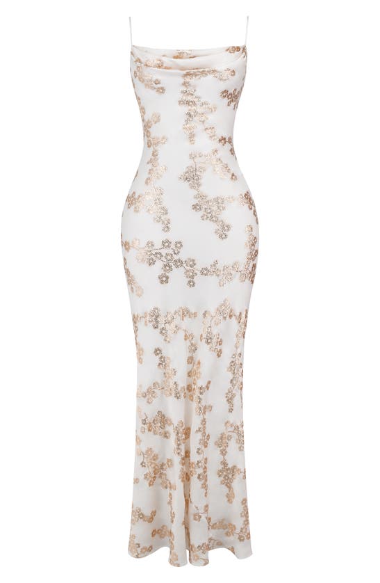 House Of Cb Caprina Embroidered Floral Trumpet Gown In White Gold