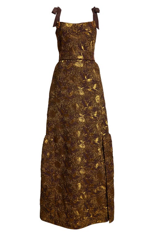 Shop Lela Rose Sunflower Brocade Gown In Chestnut/gold