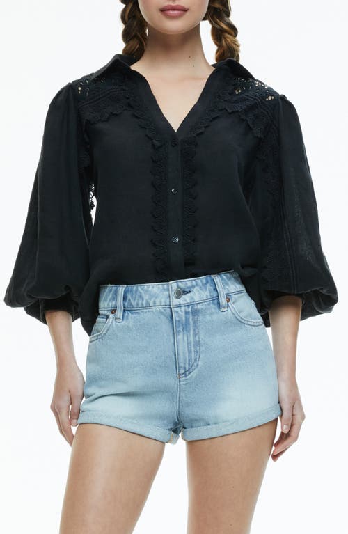 Shop Alice And Olivia Alice + Olivia Venty Lace Detail Linen Button-up Shirt In Black