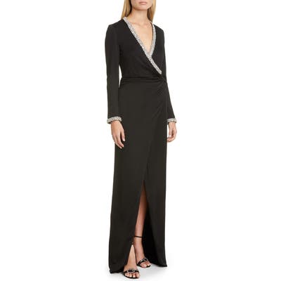 Haney Tatum Crystal Long Sleeve Gown, Black