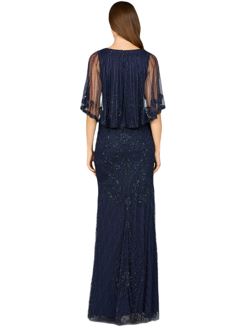 Lara New York Cape Sleeve V-neck Beaded Gown In Navy