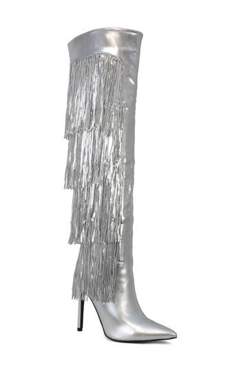 Yoki Nayla Sequin Fringe Knee High Boot In Silver