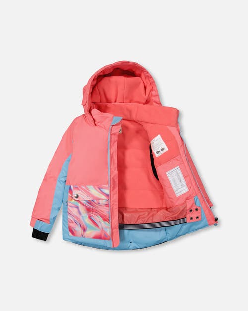 DEUX PAR DEUX DEUX PAR DEUX GIRL'S TWO PIECE SNOWSUIT COLORBLOCK CORAL AND AIR BLUE WITH PRINTED MARBLE 