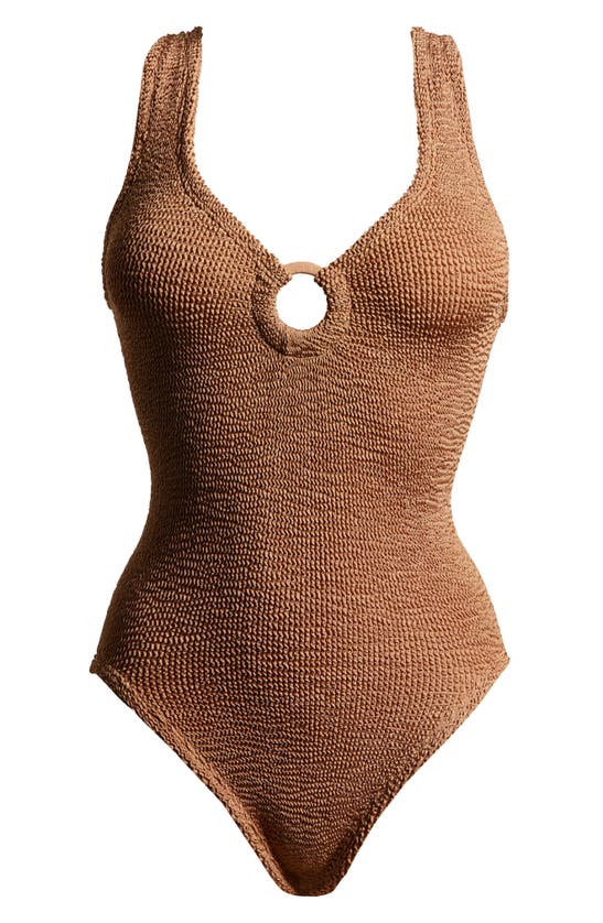 Shop Hunza G Celine Stripe Seersucker One-piece Swimsuit In Metallic Cocoa