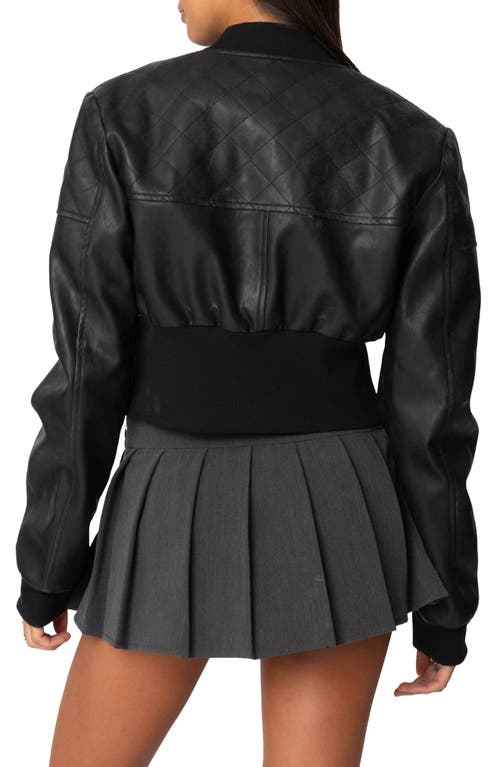 Shop Edikted Crop Faux Leather Bomber Jacket In Black