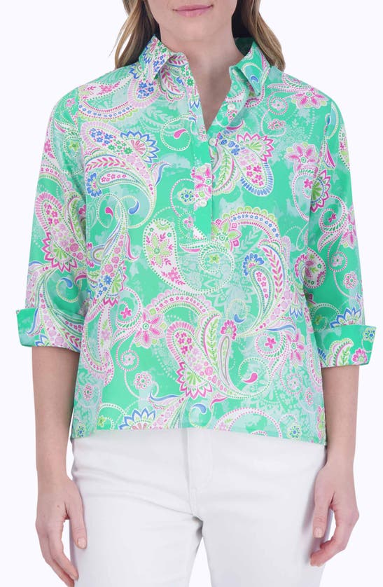 Shop Foxcroft Therese Paisley Non-iron High-low Button-up Shirt In Green Multi