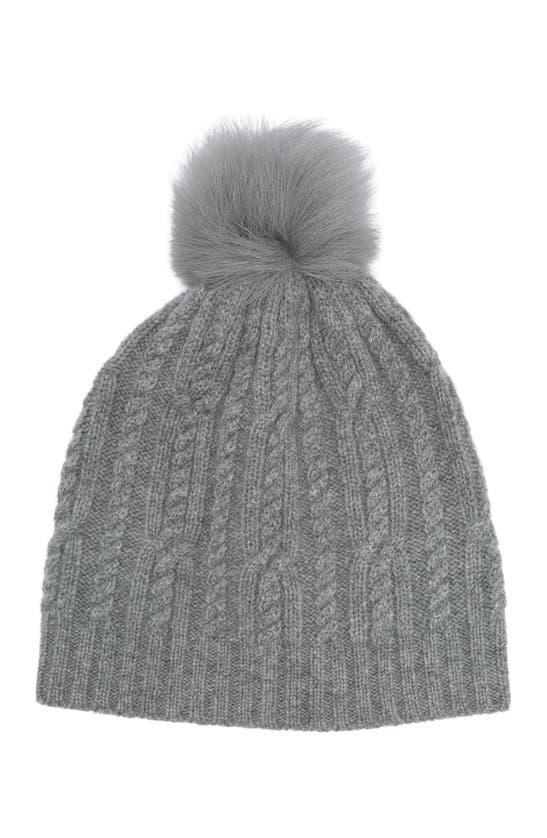 Sofia Cashmere Cashmere Cable Knit Genuine Shearling Pompom Beanie In Grey