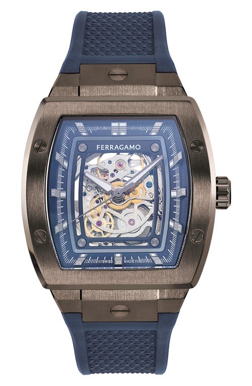 Shop Ferragamo F-80 Tonneau Skeleton Recycled Polyurethane Strap Watch, 42mm In Gunmetal/blue