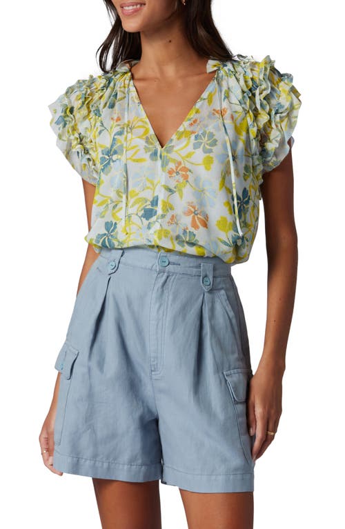 Joie Tezza Floral Split Neck Ruffle Sleeve Silk Blouse in Cerulean Multi at Nordstrom, Size Small