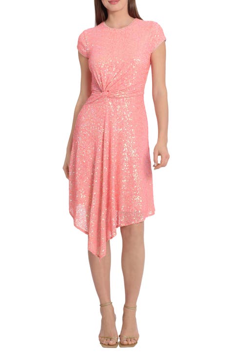 Maggy London Women's Sequin Dress - Draped Cape Sleeves, Knee Length, V-Back With Slit (Lined)